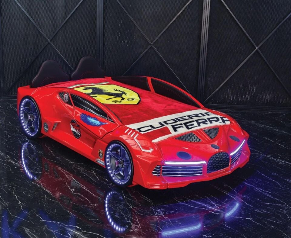 Kaju Carbeds Arabalı Çocuk Yatak Bluetoothlu Kumandalı Işık Ve Ses Sistemli Moon Aero Premium Kırmızı