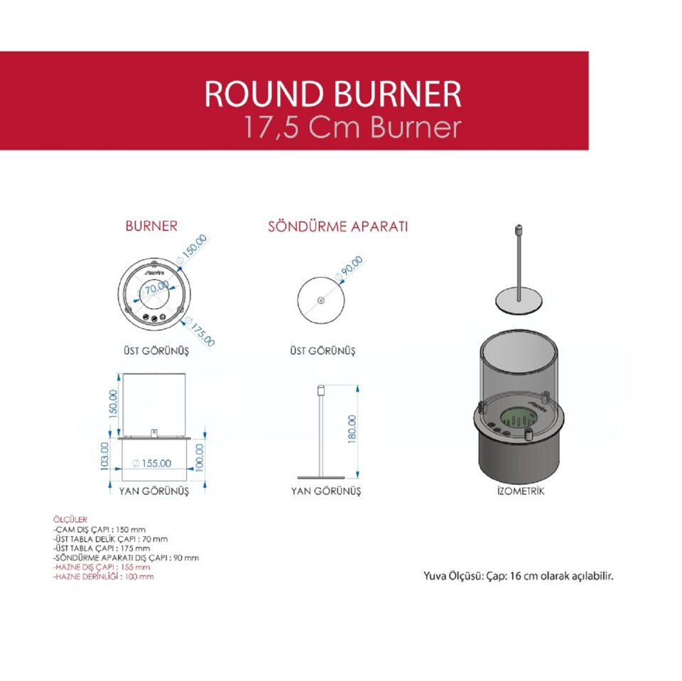 Starfire Yuvarlak Burner Camlı Bioethanol Şömine 17 cm