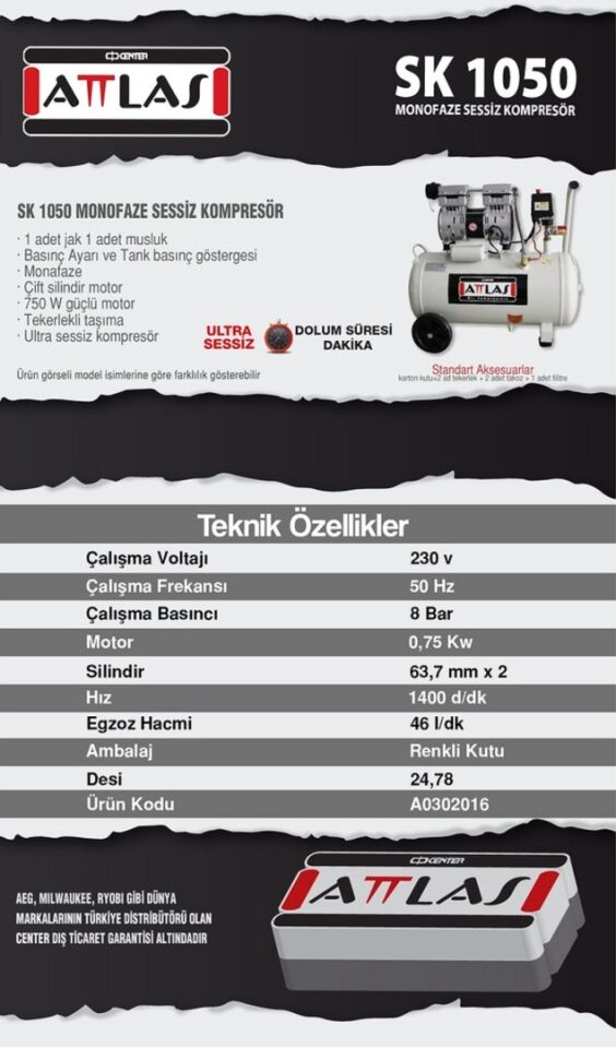 Attlas SK1050 Monofaze Sessiz Kompresör 230 V 8 Bar 50 LT