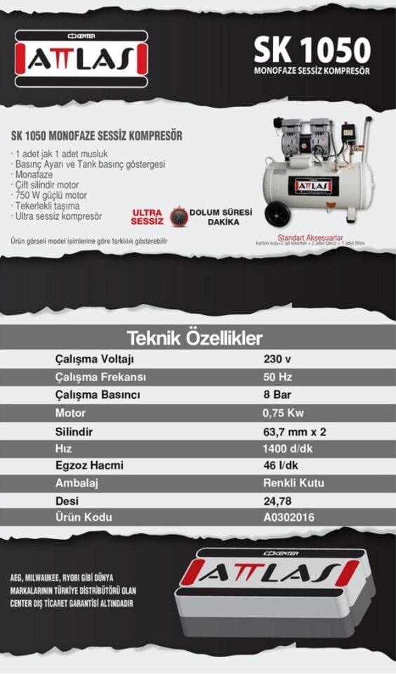 Attlas SK1050 Monofaze Sessiz Kompresör 230 V 8 Bar 50 LT