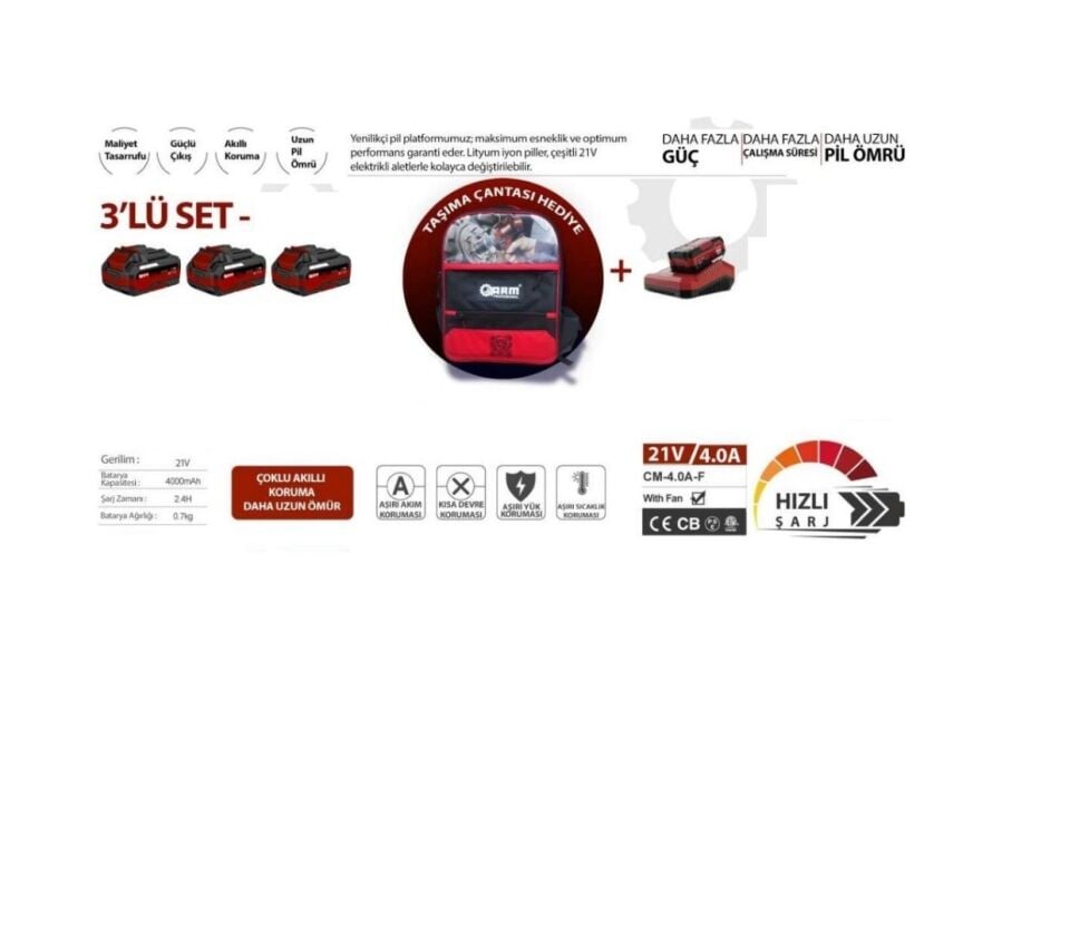Arm Profesyonel 3 LÜ Set 4.0 A Batarya + Şarj Cihazı + Bez Çanta