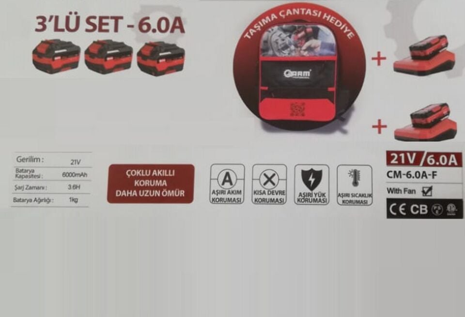 Arm Profesyonel 3 LÜ Set 6.0 A Batarya + Şarj Cihazı