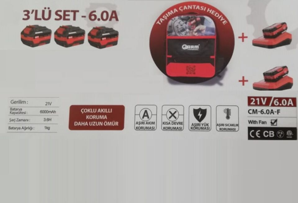 Arm Profesyonel 3 LÜ Set 6.0 A Batarya + Şarj Cihazı + Bez Çanta