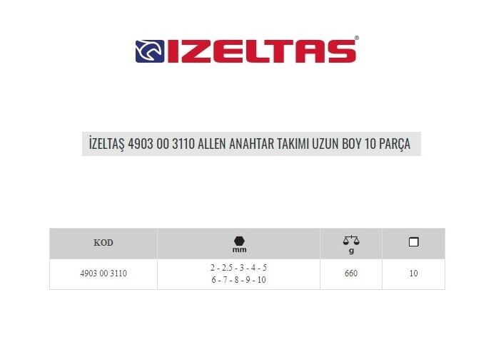 İzeltaş 4903 00 3110 Allen Anahtar Takımı Uzun Boy 10 parça