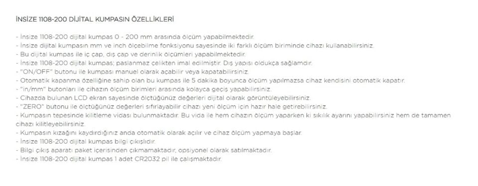 Insize 1108-200 Dijital Kumpas Standart 0-200 mm