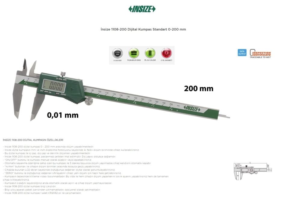 Insize 1108-200 Dijital Kumpas Standart 0-200 mm