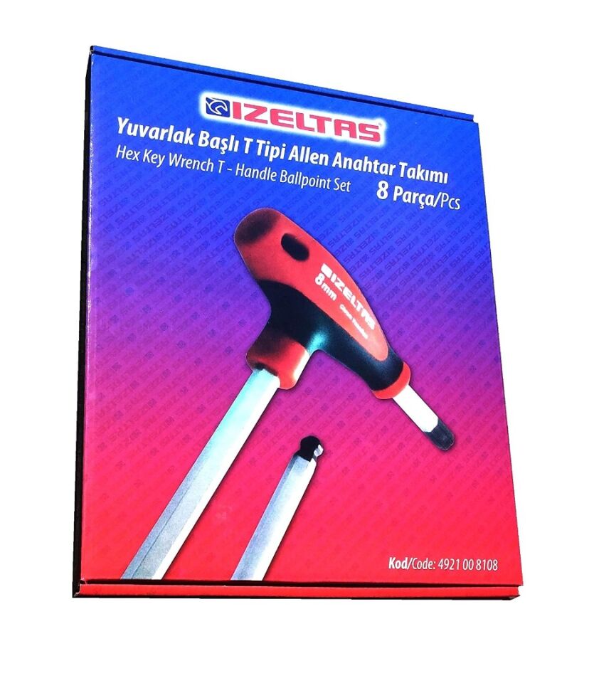 İzeltaş 4921 00 8108 Yuvarlak Başlı T Tipi Allen Anahtar Takımı 8 Parça