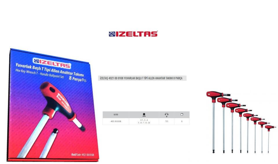 İzeltaş 4921 00 8108 Yuvarlak Başlı T Tipi Allen Anahtar Takımı 8 Parça