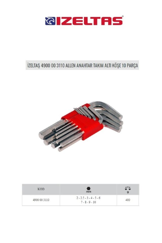 İzeltaş 4900 00 3110 Allen Anahtar 10 Parça