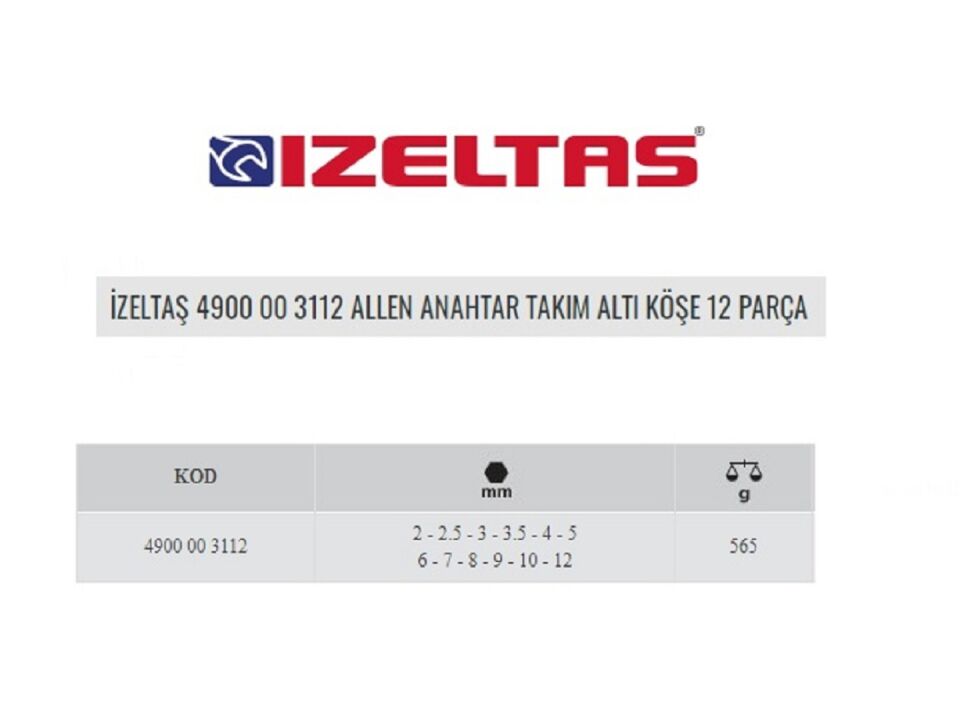 İzeltaş 4900 00 3112 Allen Anahtar Takımı Altı 12 parça