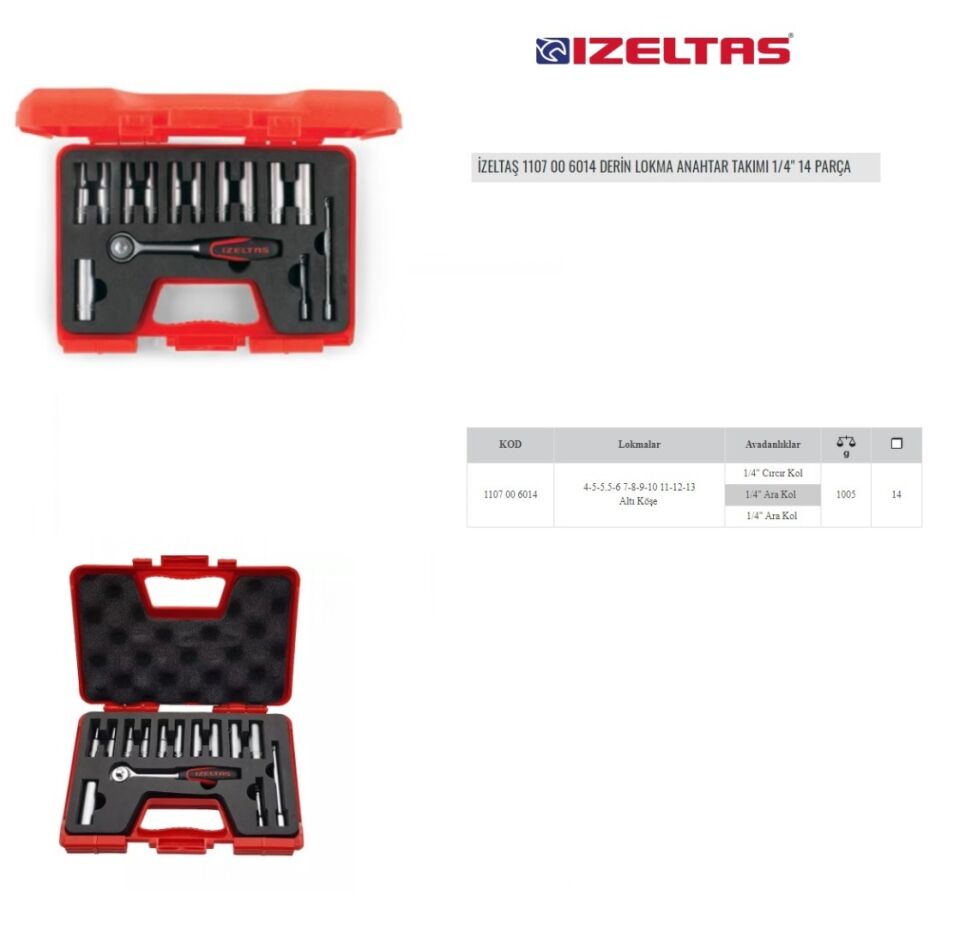 İzeltaş 1101 00 6014 Derin Lokma Anahtar Takımı 1/4 14 Parça