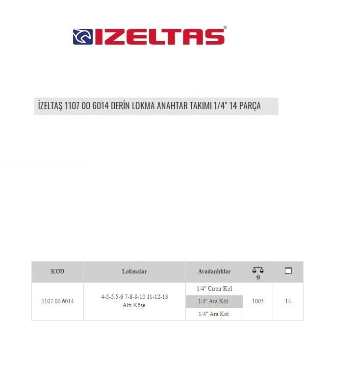 İzeltaş 1101 00 6014 Derin Lokma Anahtar Takımı 1/4 14 Parça