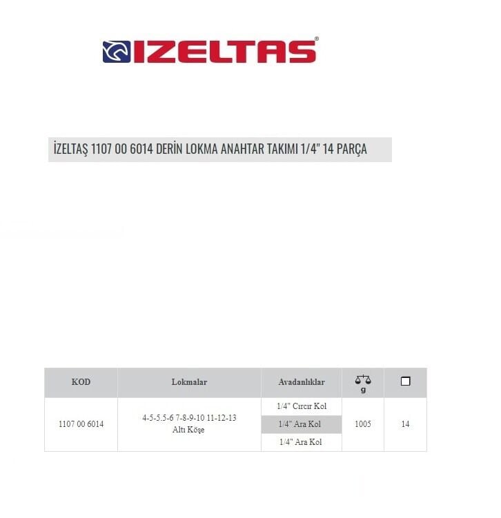İzeltaş 1101 00 6014 Derin Lokma Anahtar Takımı 1/4 14 Parça