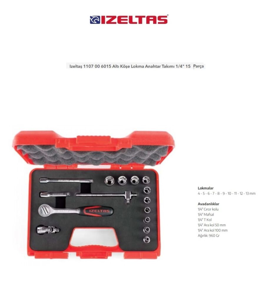 Izeltaş 1107 00 6015 Altı Köşe Lokma Anahtar Takımı 1/4'' 15 Parça