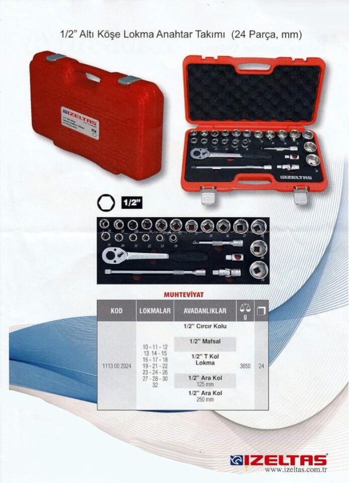 İzeltaş Altı Köşe Lokma Anahtar Takımı 1 2'' 24 Parça 1113 00 2024