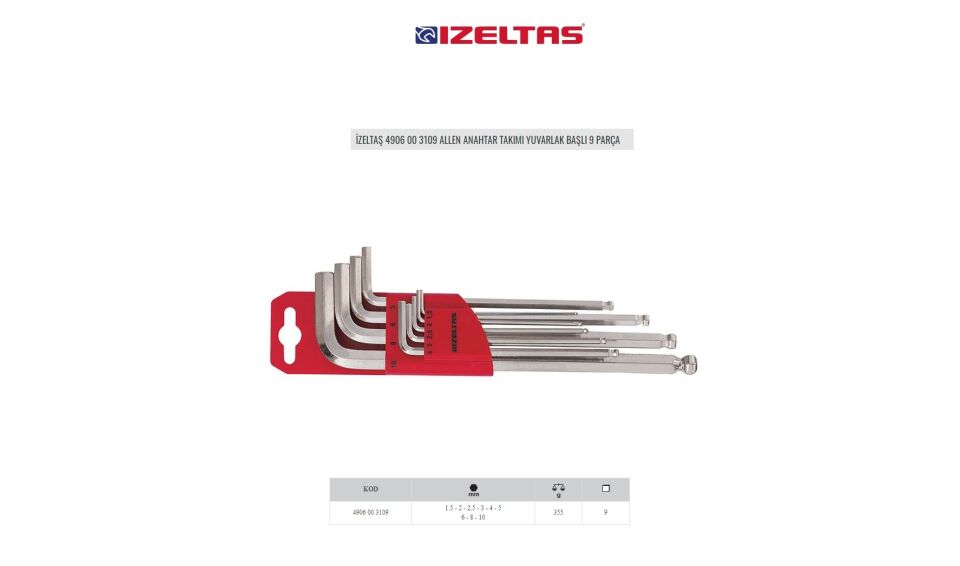 İzeltaş 4906 00 3109 Allen Anahtar Takımı Yuvarlak Başlı 9 Parça