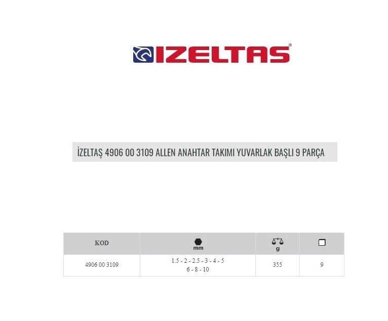 İzeltaş 4906 00 3109 Allen Anahtar Takımı Yuvarlak Başlı 9 Parça