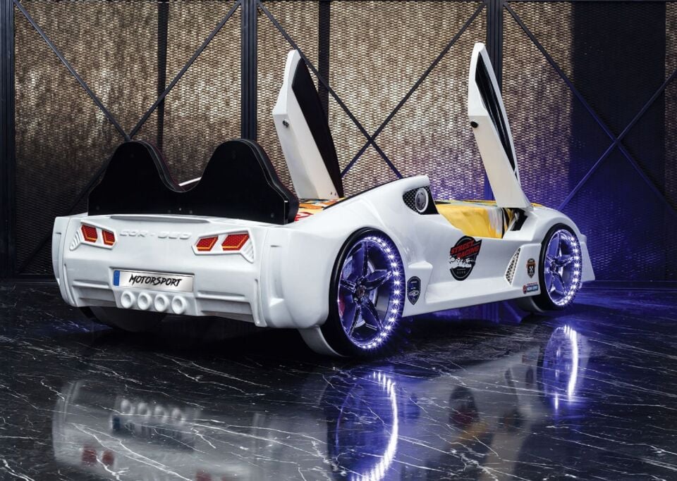 Kaju Carbed Arabalı Yatak Moon Aero Premium Çocuk Karyolası Bluetoothlu Kumandalı Işık Ve Ses Sistemli Beyaz