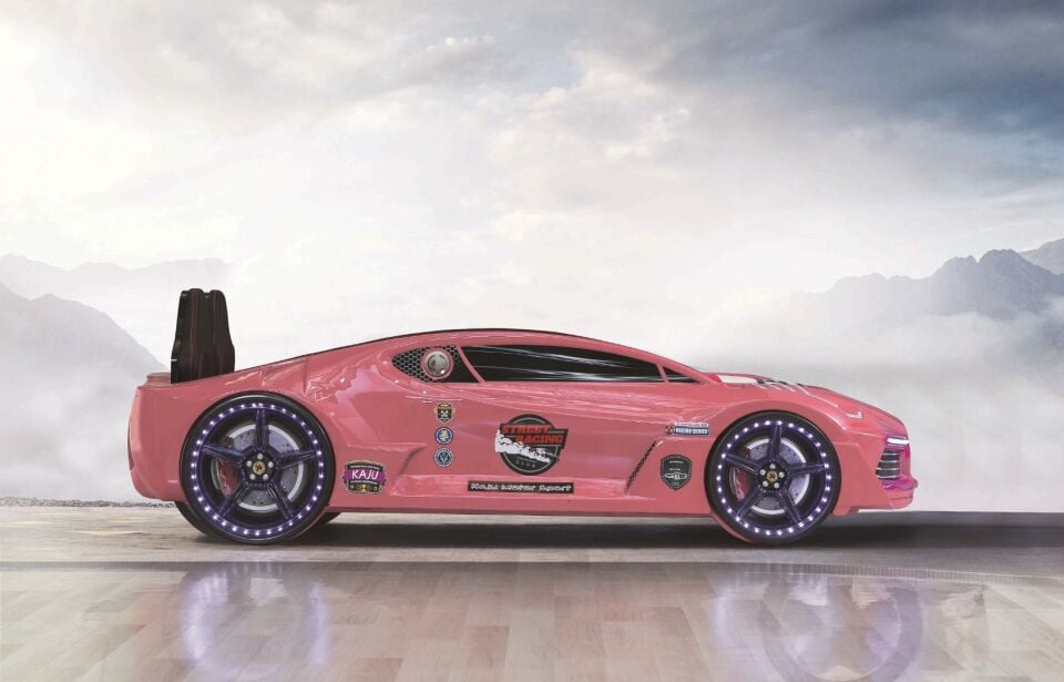 Kaju Carbed Arabalı Yatak Moon Premium Çocuk karyolası Bluetoothlu Kumandalı Işık Ve Ses Sistemli Pembe