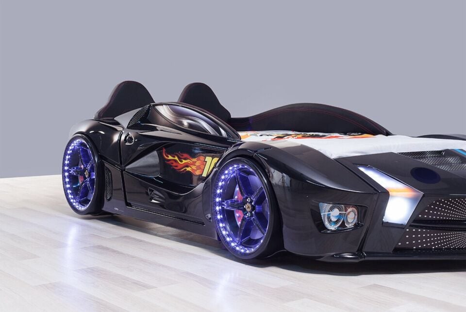 Kaju Carbed Arabalı Yatak Luxury Premium Çocuk Karyolası Bluetoothlu Kumandalı Işık Ve Ses Sistemli Siyah