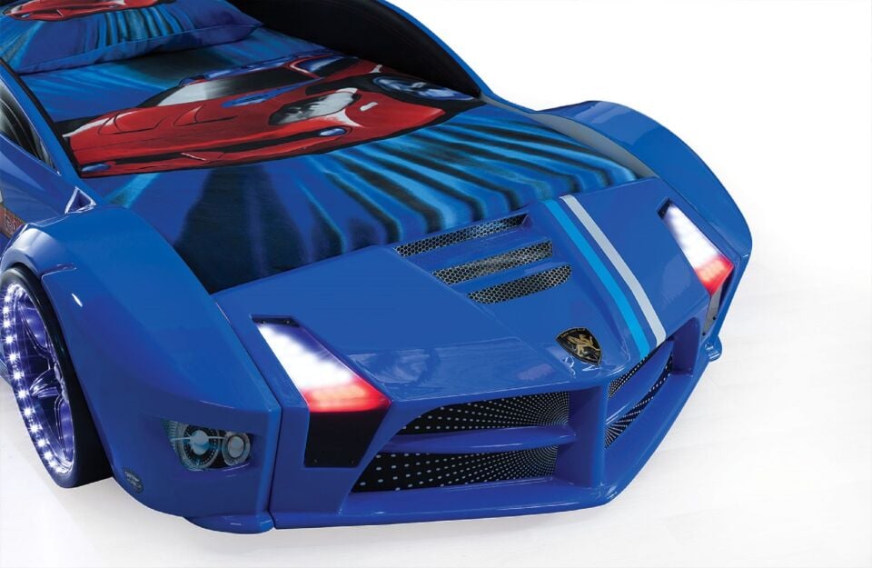 Kaju Carbed Arabalı Yatak Luxury Full Çocuk Karyolası Kumandalı Işık Ve Ses Sistemli Mavi