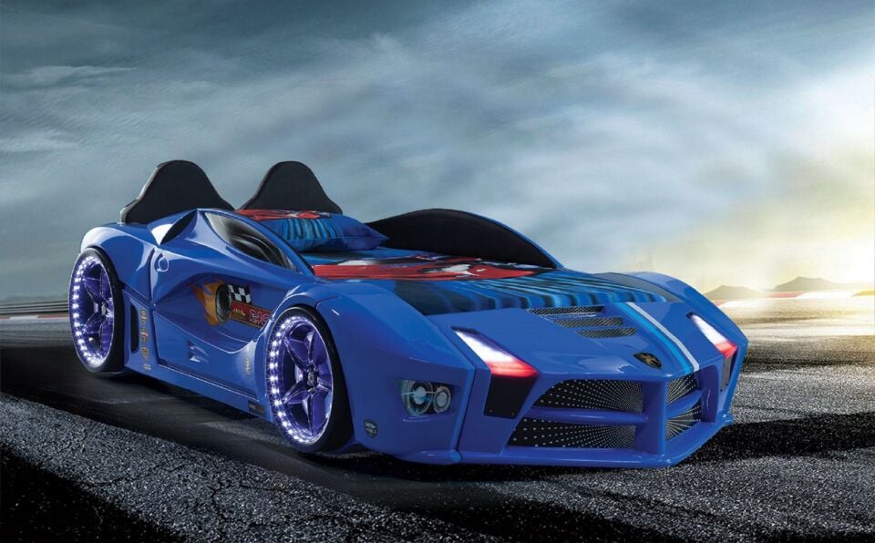 Kaju Carbed Arabalı Yatak Luxury Full Çocuk Karyolası Kumandalı Işık Ve Ses Sistemli Mavi