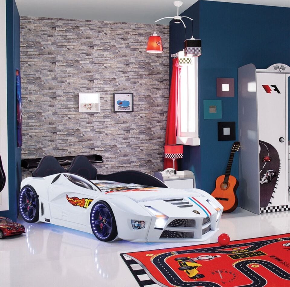 Kaju Carbed Arabalı Yatak Luxury Full Çocuk Karyolası Kumandalı Işık Ve Ses Sistemli Beyaz