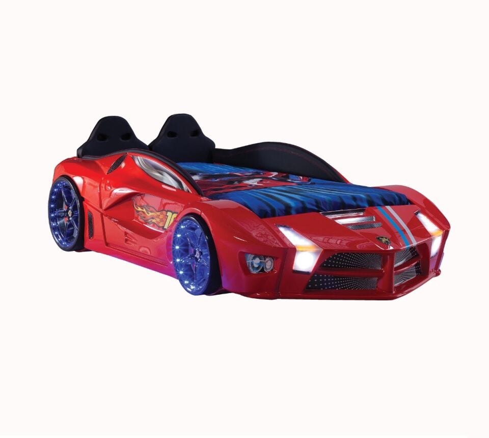 Kaju Carbed Arabalı Yatak Luxury Full Çocuk Karyolası Kumandalı Işık Ve Ses Sistemli Kırmızı