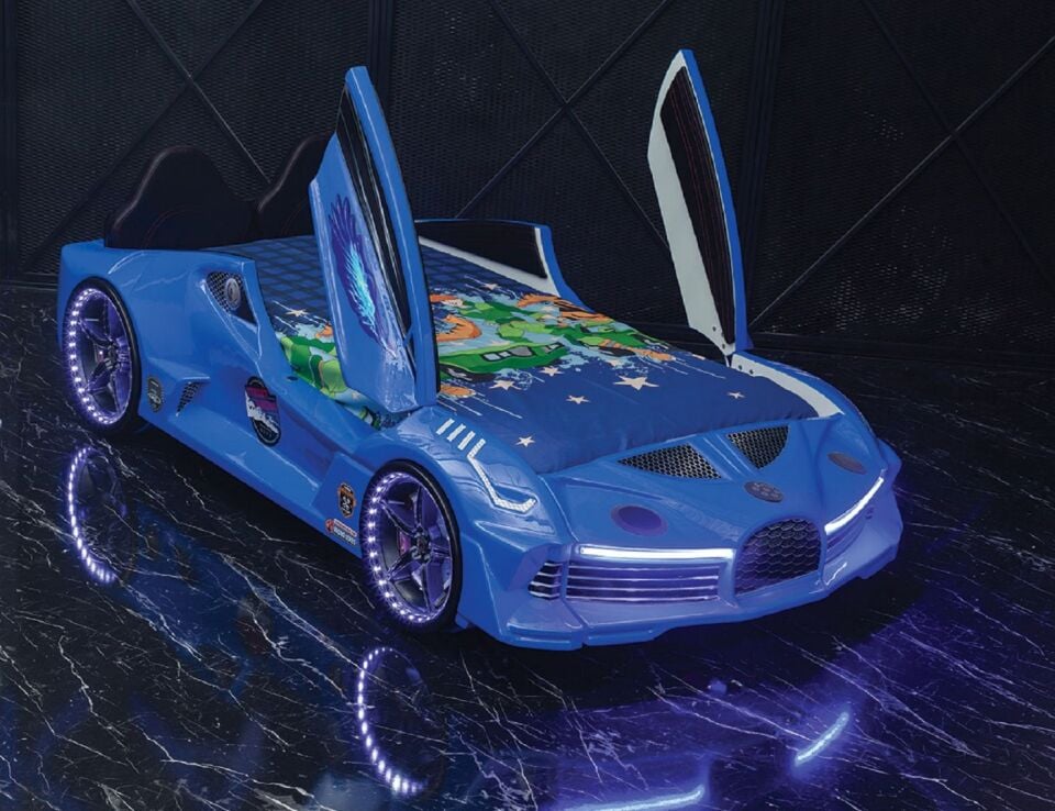 Kaju Carbed Arabalı Yatak Moon Aero Premium Çocuk Karyolası Bluetoothlu Kumandalı Işık Ve Ses Sistemli Mavi