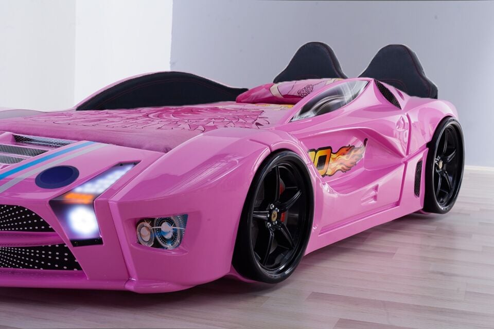 Kaju Carbed Arabalı Yatak Luxury Premium Çocuk Karyolası Bluetoothlu Kumandalı Işık Ve Ses Sistemli Pembe