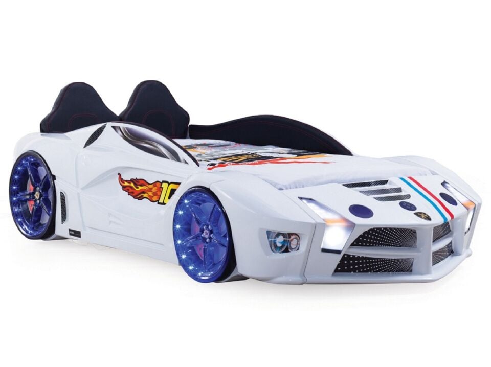 Kaju Carbed Arabalı Yatak Luxury Premium Çocuk Karyolası Bluetoothlu Kumandalı Işık Ve Ses Sistemli Beyaz