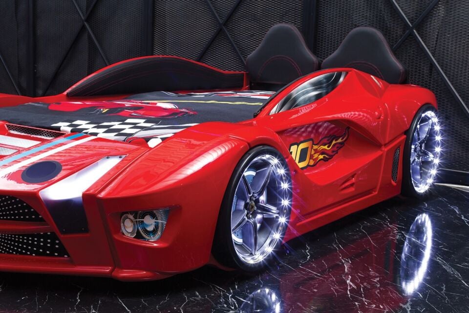 Kaju Carbed Arabalı Yatak Luxury Premium Çocuk Karyolası Bluetoothlu Kumandalı Işık Ve Ses Sistemli Kırmızı