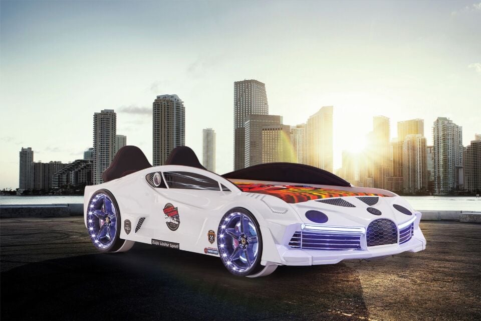 Kaju Carbed Arabalı Yatak Moon Premium Çocuk karyolası Bluetoothlu Kumandalı Işık Ve Ses Sistemli Beyaz