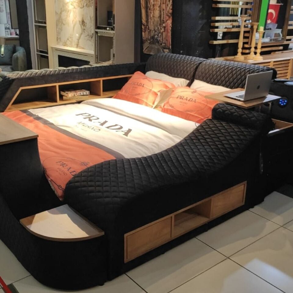 Miss Worble Elit Akıllı Karyola TV Üniteli Bluetoothlu 180 x 200 cm Siyah