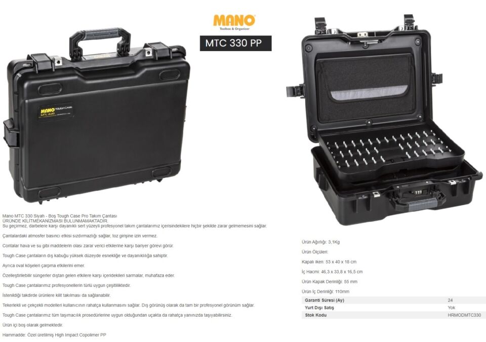 Mano MTC 330 PP Profesyonel Takım Çantası Kırılmaz Siyah