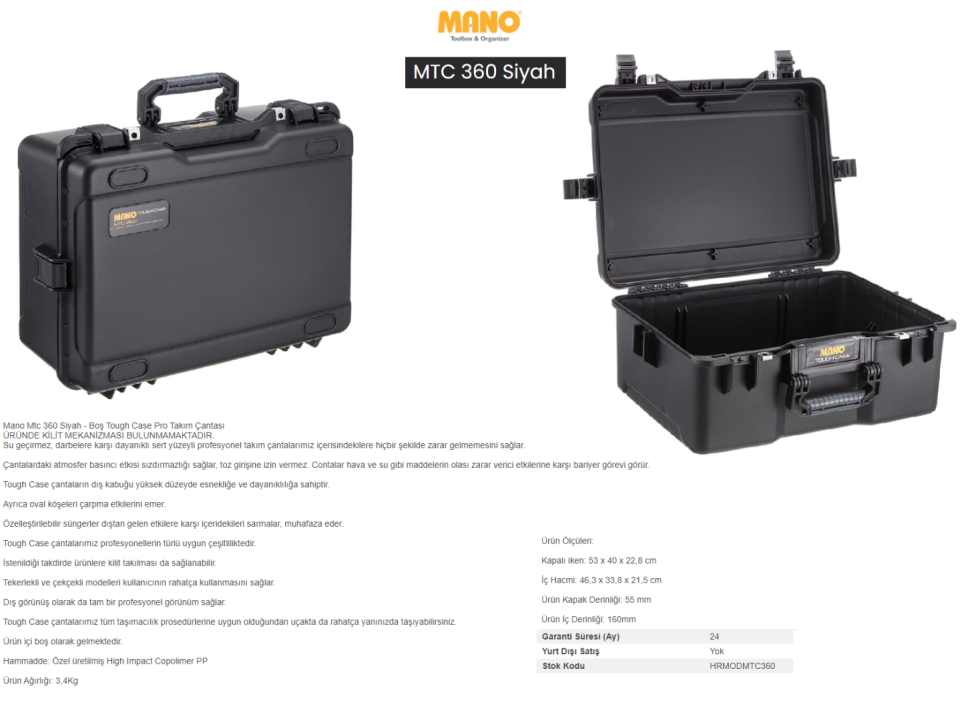 Mano MTC 360 Profesyonel Takım Çantası Kırılmaz Siyah