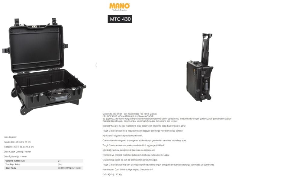 Mano MTC 430 Profesyonel Takım Çantası Kırılmaz Siyah