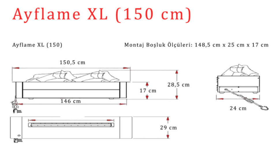 Ayflame 3 Boyutlu Buharlı Elektrikli Şömine 3D 150 cm Ses Efektli