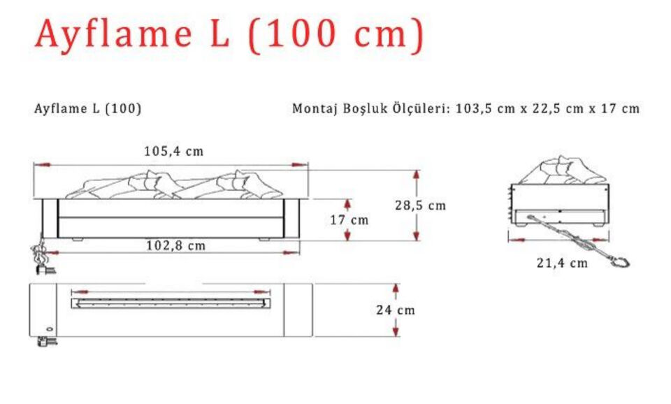 Ayflame 3 Boyutlu Buharlı Elektrikli Şömine 3D 100 cm Ses Efektli