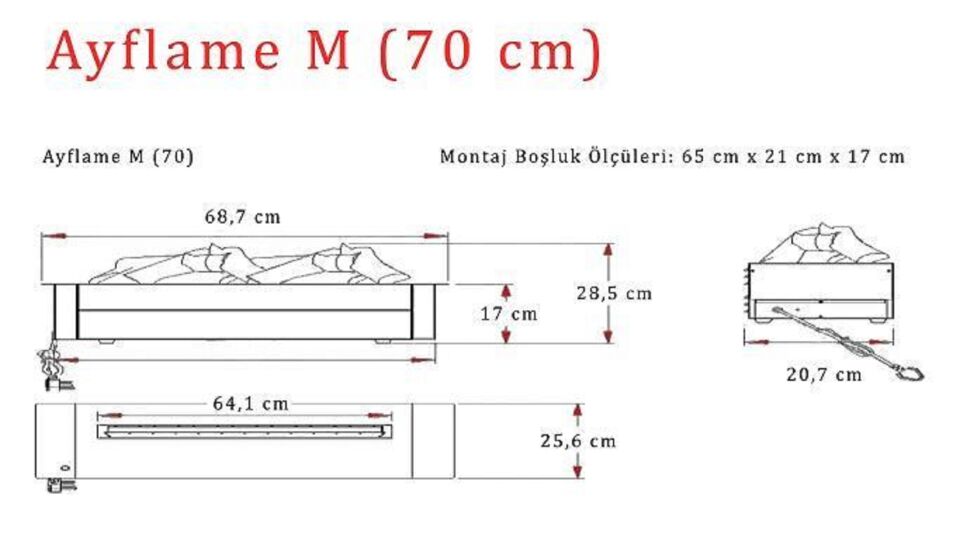 Ayflame 3 Boyutlu Buharlı Elektrikli Şömine 3D 70 cm Ses Efektli