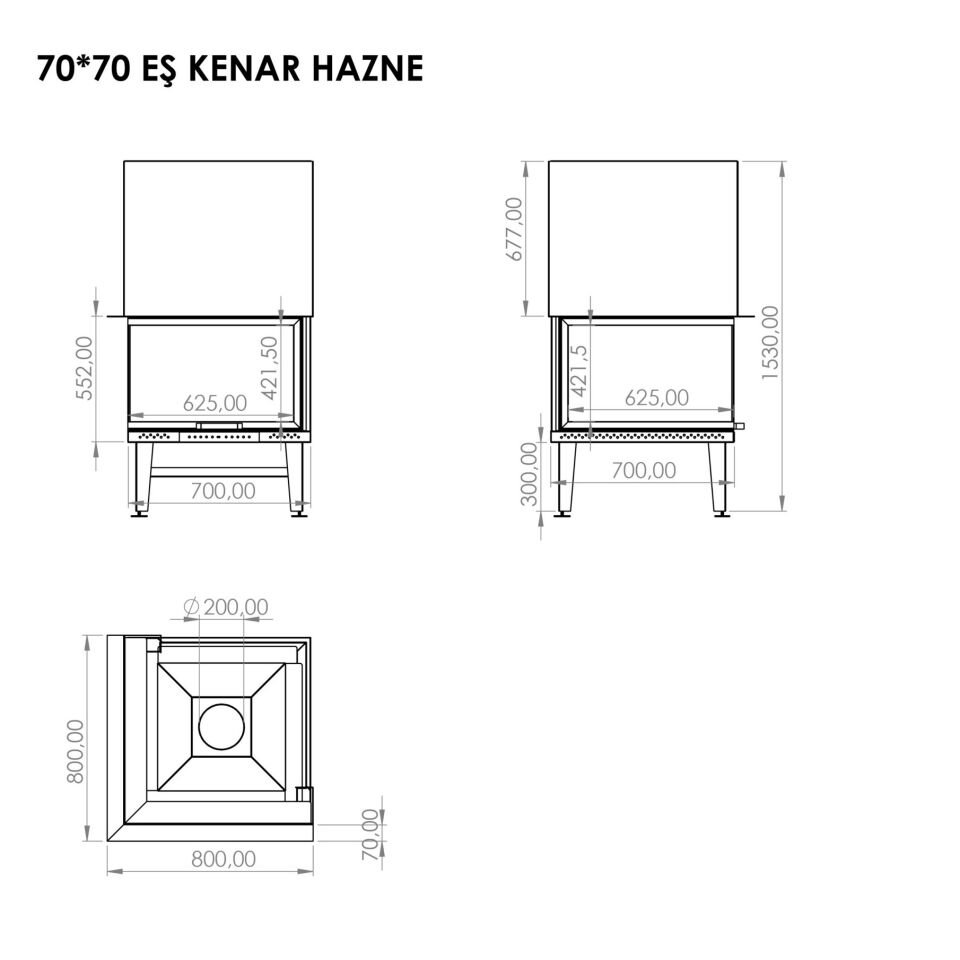 Serra Çelik Şömine Haznesi Eşkenar İki Açık 70 X 70 cm
