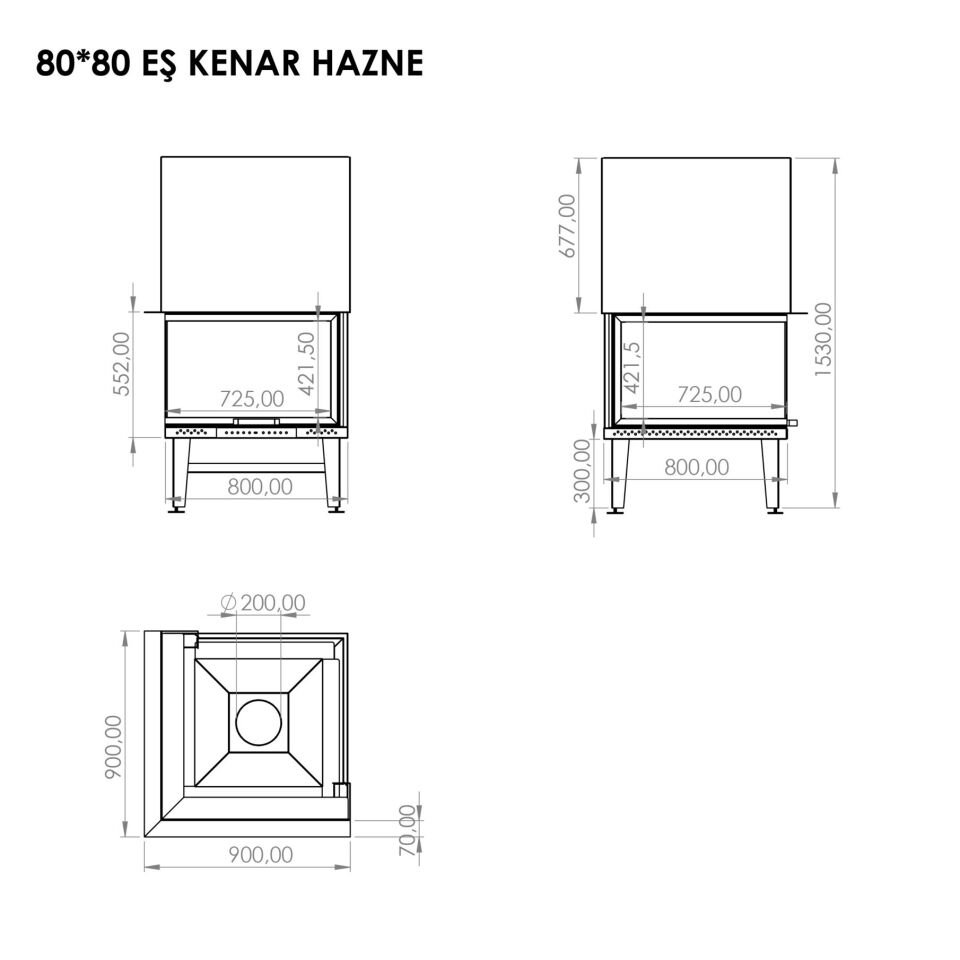 Serra Çelik Şömine Haznesi Eşkenar İki Açık 80 x 80 cm
