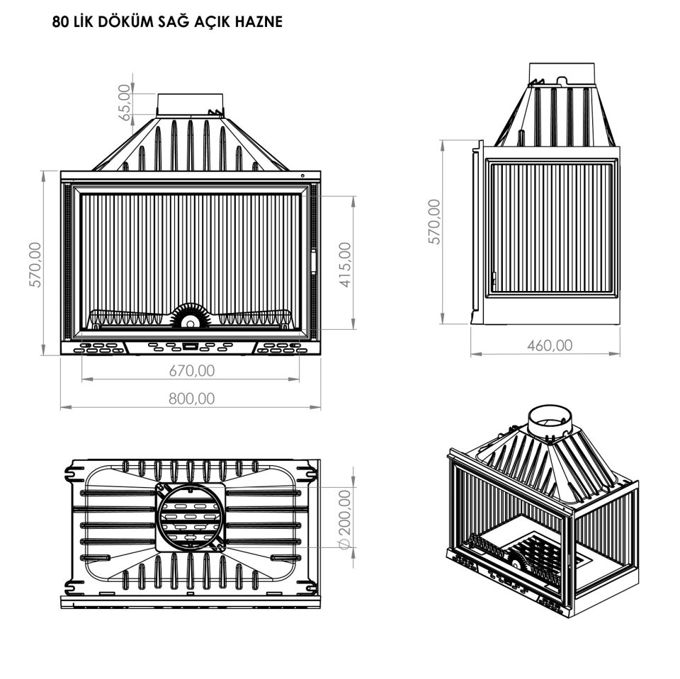 Serra Klapeli Döküm Şömine Haznesi Luxury Serisi Sağ Açık 80 lik