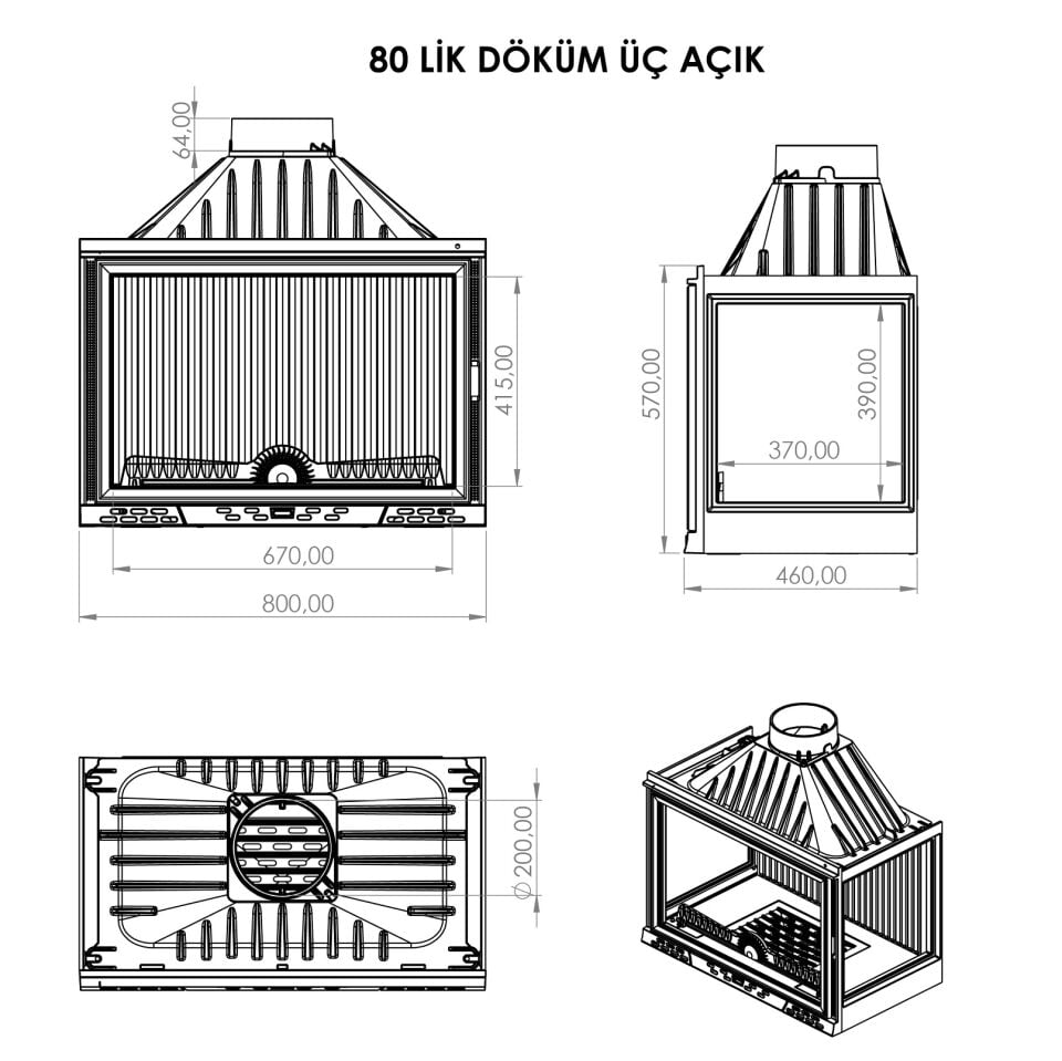 Serra Luxury Serisi Klapeli Döküm Şömine Haznesi Üç Açık 80 lik
